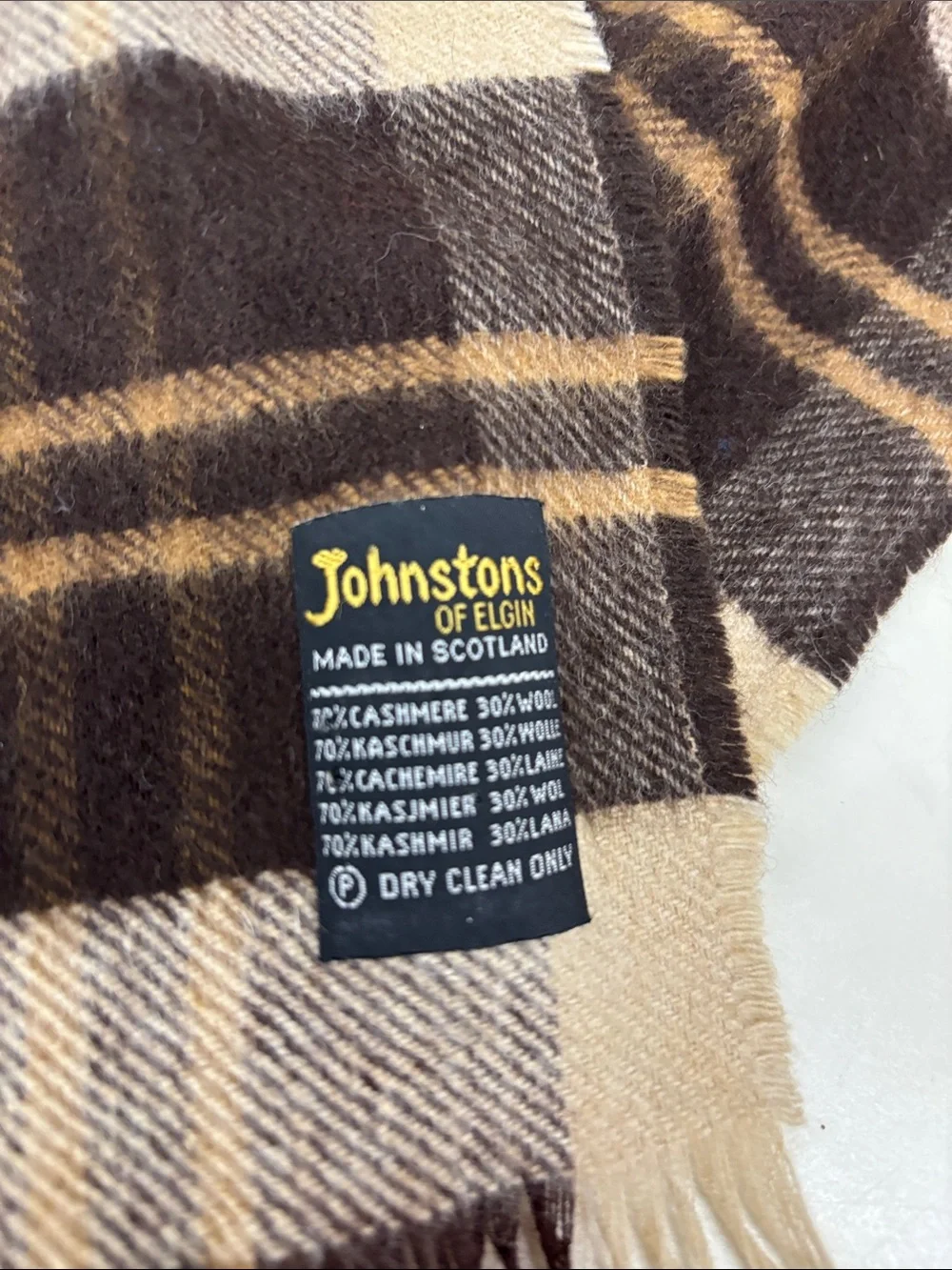 Johnstons of Elgin Cashmere Brown, Beige, and Gray Plaid Fringe Scarf